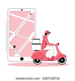 Fast delivery service. Holiday delivery. Courier taking boxes by bike. Flat cartoon style.