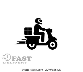 Fast delivery service icon. Courier on scooter with boxes. Vector illustration	