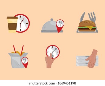 fast delivery service icon set clock time location food vector illustration