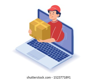 Fast Delivery Service. Isometric vector notebook illustration. Free delivery, online buy, ecommerce shop 