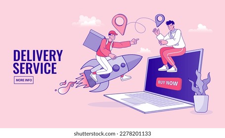 fast delivery service with laptop and rocket. Delivery man or courier guy flying on a jet rocket with urgent order with bag. Shopping online. Vector stock illustration.