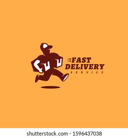 Fast delivery service logo design template with running courier. Vector illustration.