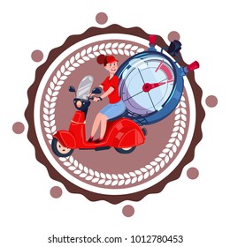 Fast Delivery Service Logo Woman Courier Riding Retro Scooter Icon Isolated Flat Vector Illustration