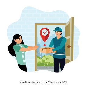 Fast delivery service. A male courier delivers the order to a female customer's address.