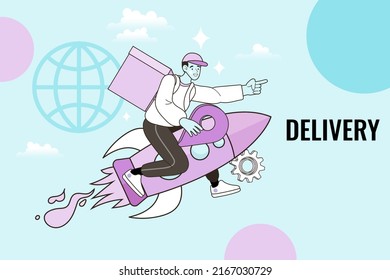 fast delivery service. Delivery man or courier guy flying on a jet rocket with urgent order with bag. Shopping online. service fast of speed. Vector outline stock illustration. 