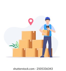 Fast delivery service man giving box to customer vector illustration