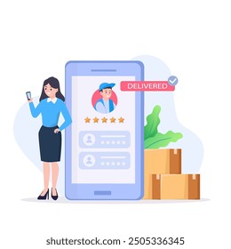 Fast delivery service man giving box to customer vector illustration