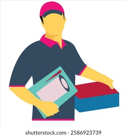 fast delivery service man giving box to customer door vector illustration. safe delivery of goods concept.  cartoon minimal style. one line delivery shipment worker people