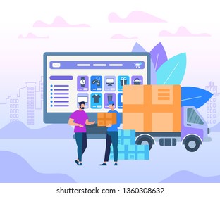 Fast Delivery Service. Man Worker Giving Parcel Box to Happy Young Guy Recipient Stand on Big Monitor with Online Store Application at Screen Background. Van Car. Cartoon Flat Vector Illustration.