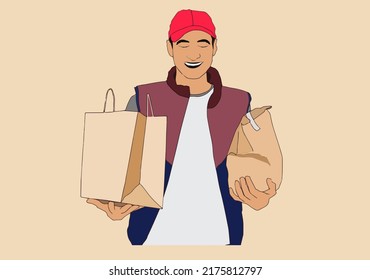 Fast delivery service manager bringing package to female client