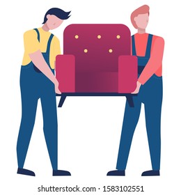 Fast delivery service. Mover in uniform carrying an armchair. Logistic concept. illustration in cartoon style