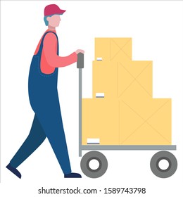 Fast delivery service. Mover in uniform with box. Logistic concept. illustration in cartoon style