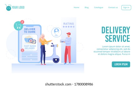 Fast delivery service on mobile phone landing page. Young woman making online asian food sushi rolls order via smartphone application. Courier delivering take-out food. Ecommerce, digital technology