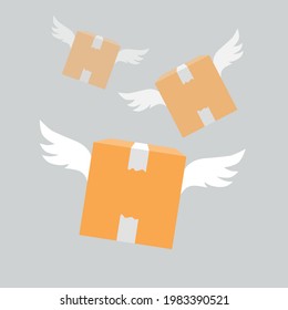 Fast delivery service parcel. Flying package box with wings. Vector illustration