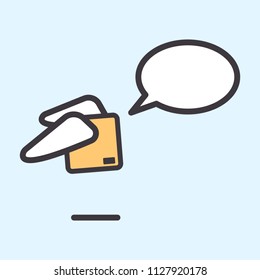 Fast delivery service parcel talk speak with speech bubble. Flying package box with wings in cute outlined cartoon style
