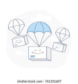 Fast Delivery Service, Parcels Delivery. Happy cute Packages are flying on parachutes. E-Commerce template. Flat outline isolated vector illustration on white background.