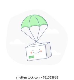 Fast Delivery Service, Parcels Delivery. Happy cute Package, Box is flying on parachute. E-Commerce template. Flat outline isolated vector illustration.