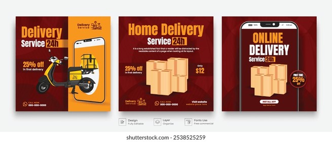 Fast delivery service promotional social media post. Courier business advertisement poster collection for marketing. Fast home delivery social media post bundle.