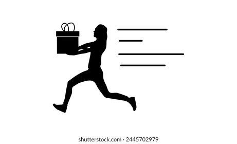fast delivery service, runner with gift, black isolated silhouette