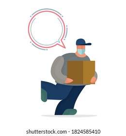 Fast delivery service. Running courier in protective medical face mask with package and speech bubble. Delivery service man with a box in his hands. Part of set. 