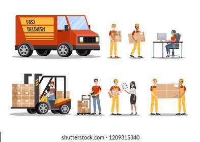 Fast delivery service set. Courier in uniform with box from the truck. Logistic concept. Vector illustration in cartoon style