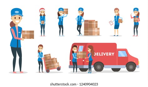 Fast delivery service set. Female courier in blue uniform with box from the truck. Logistic concept. Vector illustration in cartoon style