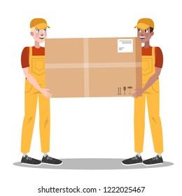 Fast delivery service set. Two courier in uniform with box from the truck. Logistic concept. Vector illustration in cartoon style