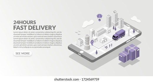 Fast delivery service in sometric design, online logistic concept