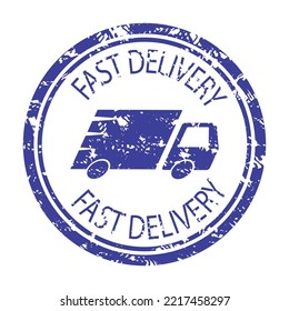 Fast delivery service, texture rubber stamp, shipping company. Vector illustration. Rubber grunge style, post stamp, fast dilivery concept, vintage commercial pictogram, label brush mark
