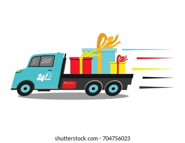 Fast delivery service with truck and gift boxes vector illustration