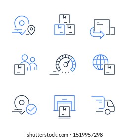 Fast Delivery Service, Truck Transportation, Distribution Center, Receive Order Box, Send Parcel, Purchase Shipment, Move Or Relocate, Vector Thin Line Icon Set