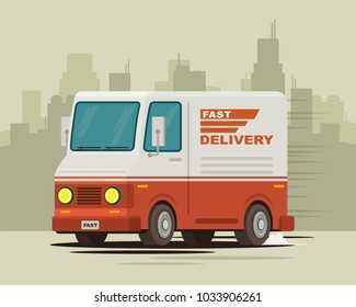 Fast delivery service truck van on city background flat cartoon vector illustration