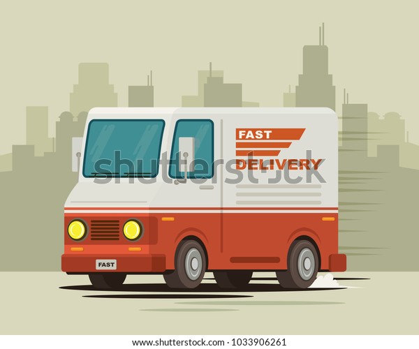 Fast delivery service truck van on city\
background flat cartoon vector\
illustration