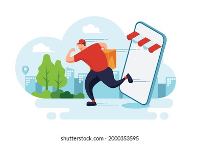 Fast delivery service vector illustration. A man runs to deliver a customer's package.