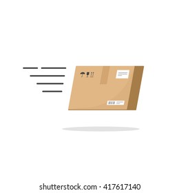 Fast delivery service vector illustration isolated on white background, speed delivery box flying fast logo, cartoon flat delivery package color concept
