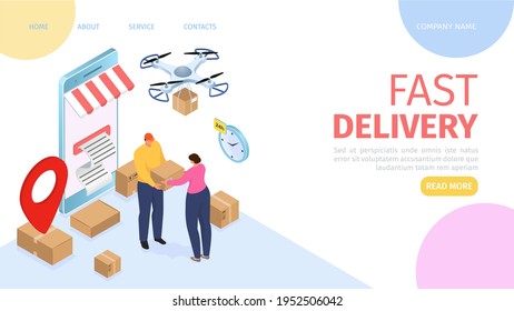 Fast delivery service, web page, vector illustration. Order food online with mobile application, courier deliver package from huge smartphone