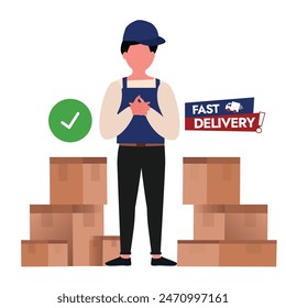 Banner für schnelle Lieferdienste. Lieferjunge-Charakter mit Paketboxen, schnelles Lieferetikett, Stempel, Vektorgrafik, Abzeichen auf schlichtem weißem Hintergrund. Liefermann in Uniform mit Kartons. 