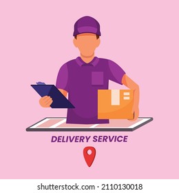 Fast delivery services can use mobile smartphone with postal cardboard. Online shopping. Vector illustration in flat style.