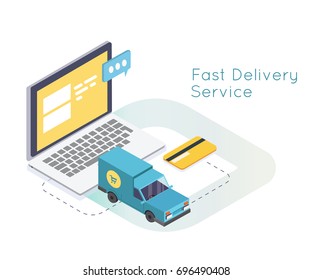 Fast Delivery Services and E-Commerce. Emailing and online shopping. flat isometric vector 