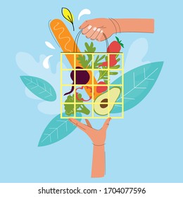 Entrega rápida de servicios, compras electrónicas. Mercancías en la tienda en línea. Ilustración de estilo plano vectorial. Mano sostiene una bolsa de compras sobre un fondo azul
