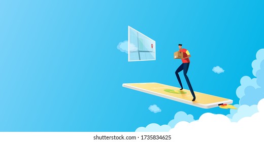 Servicios de entrega rápida y el Hombre de entrega viendo el mapa de ubicación con smartphone o aplicación móvil en fondo azul cielo.Ilustración vectorial.