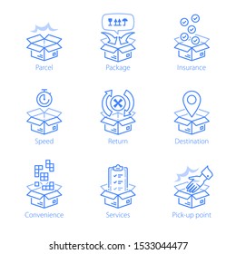 Fast delivery services, order shipment, cargo shipping, postal mail, receive package, open box, collecting office, move or relocate concept, distribution and logistics, vector line icon set