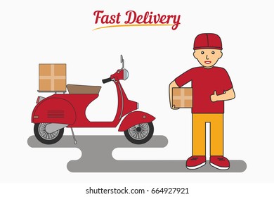 Fast Delivery Services - poster, logo, banner. Courier man holding a box. Scooter or moped for transportation of parcels. Vector illustration.