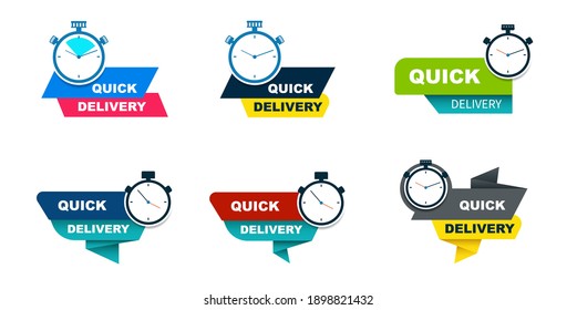 fast delivery set of banners with inscriptions and stopwatch icons