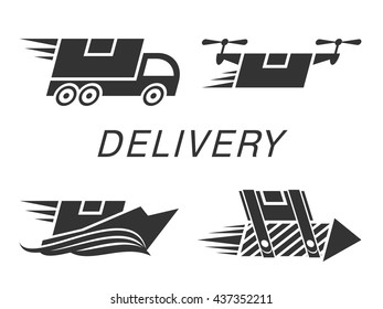 Fast delivery set. Black icons of shipping isolated on white. Vector illustration