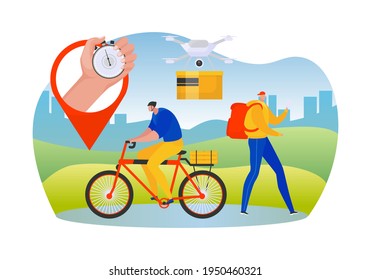 Fast delivery, shipping business service with timer, vector illustration. Man courier character drive transport at speed, express transportation.