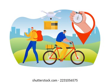Fast delivery, shipping business service with timer, vector illustration. Man courier character drive transport at speed, express transportation.