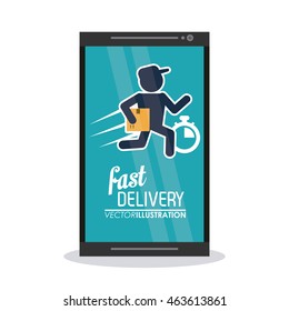 Fast Delivery and Shipping concept represented by deliver man inside smartphone icon. Colorfull and flat illustration.