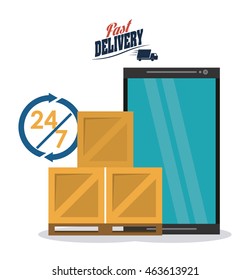 Fast Delivery and Shipping concept represented by package and smartphone icon. Colorfull and flat illustration.
