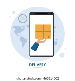 Fast Delivery and Shipping concept represented by package and smartphone icon. Colorfull and flat illustration.